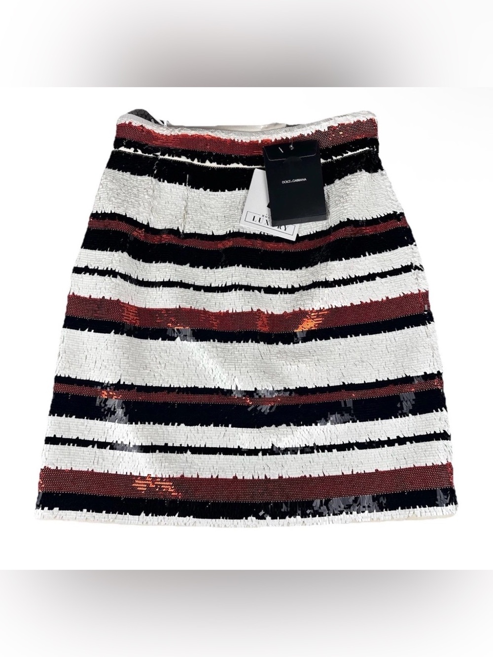 Dolce & Gabbana Black, White & Red Striped Sequin Mini Skirt